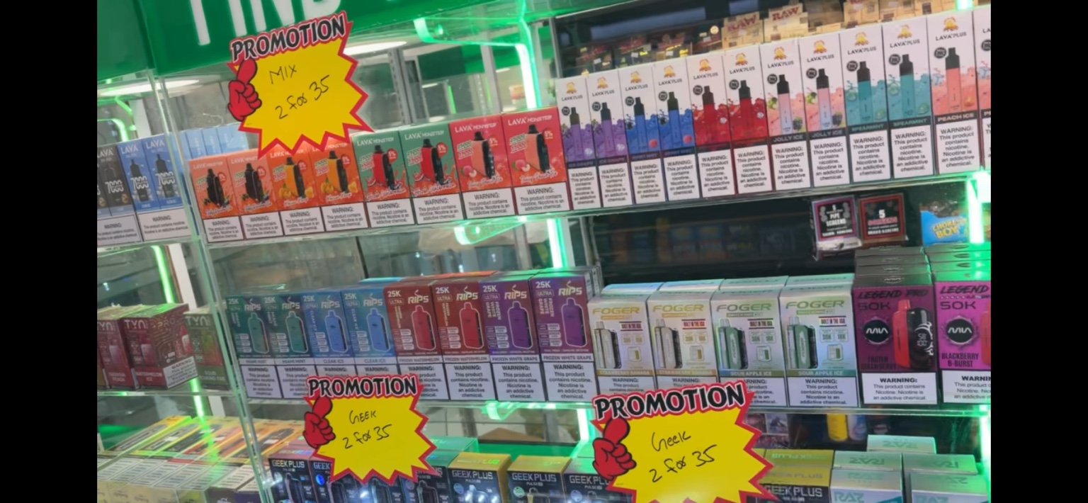 Promotion shelves stocked with vape brands inside Starlight