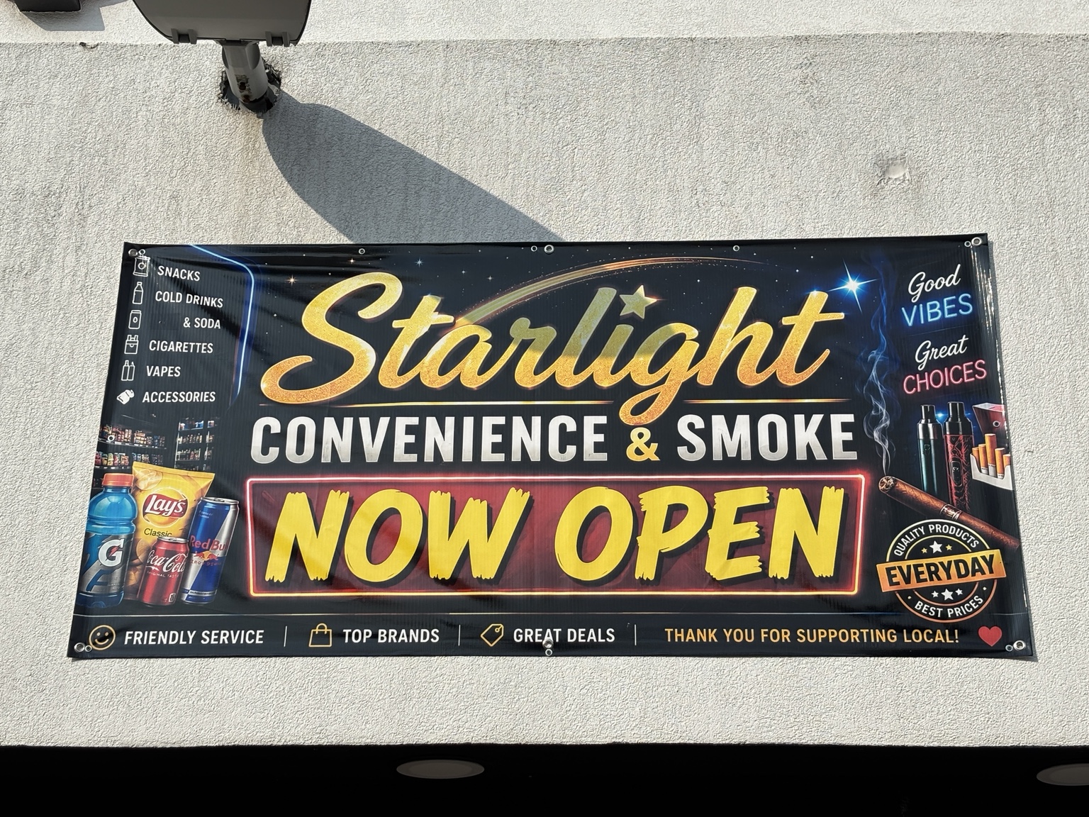 Starlight Convenience & Smoke Now Open banner close-up