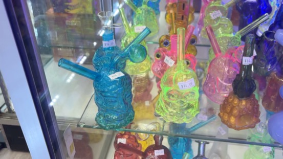 Glass pieces on display at Starlight Convenience & Smoke