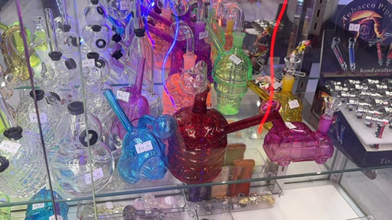 Glass pieces on display at Starlight Convenience & Smoke